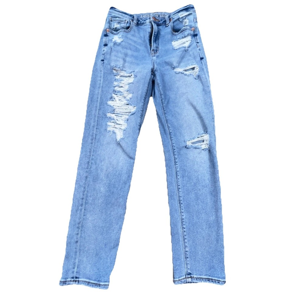 American Eagle Jeans Women 2 Mom Jean High Rise Waist Med Wash Faded Ladies Hole